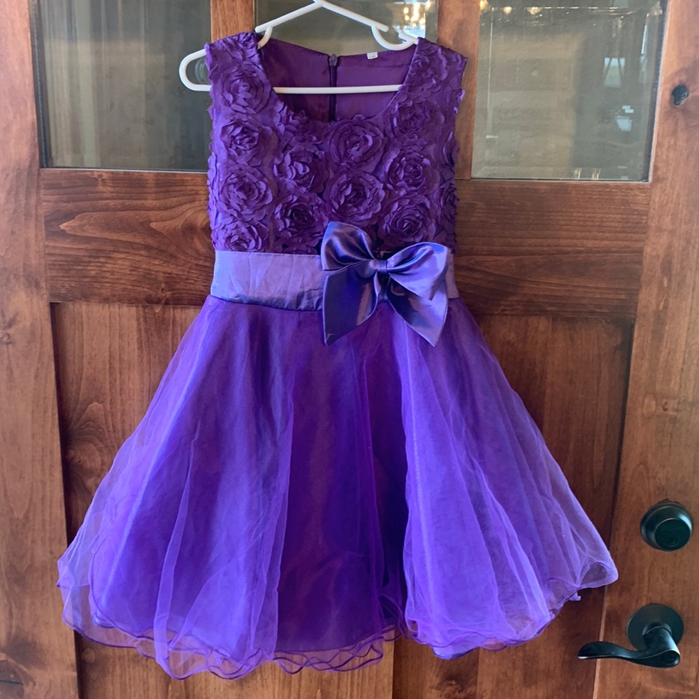 Girls purple floral and tulle formal dress